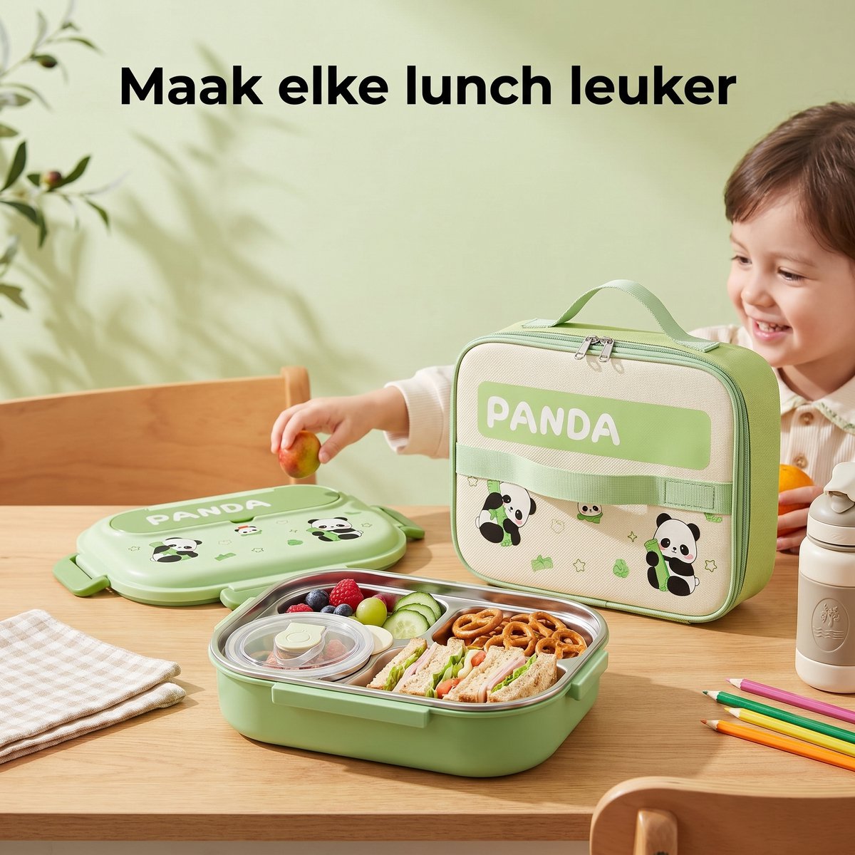 Ryoudavell - Panda Bento Box Lunchbox voor Kinderen - RVS 304 Broodtrommel met Vakken - 100% Lekvrij - Inclusief Geïsoleerde Lunchtas en Bestek - Groen - 28 cm — cadeau in Spellen & Speelgoed - foto 6