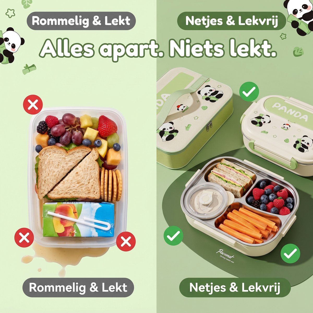 Ryoudavell - Panda Bento Box Lunchbox voor Kinderen - RVS 304 Broodtrommel met Vakken - 100% Lekvrij - Inclusief Geïsoleerde Lunchtas en Bestek - Groen - 28 cm — cadeau in Spellen & Speelgoed - foto 5