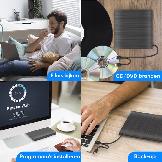 Un collage montre un homme regardant un film, un lecteur DVD avec CD, un ordinateur avec écran de chargement et une personne utilisant un ordinateur portable.