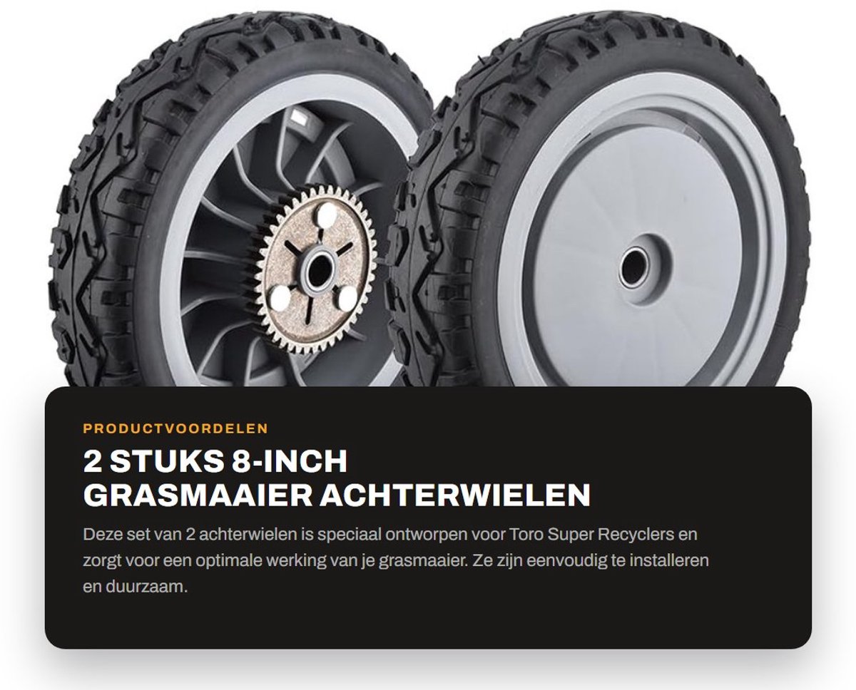 Dailygoods- Grasmaaier Achterwiel 8 Inch - 2 Stuks - Vervangt OEM 107-3709 - Geschikt voor Toro Modellen - Naaf 1/2" - Tandwiel 42 Tanden - Grasmaaierwiel