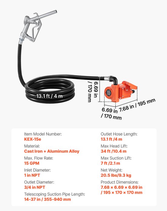 12V DC Brandstofpomp, 57 L/Min, Robuuste Gietijzeren Dieselpompset met Handmatige Sproeier, Toevoerslang, Oververhittingsbeveiliging, Netsnoer en Explosieveilig Ontwerp, Geschikt voor Benzine, Diesel en Kerosine — afbeelding 3