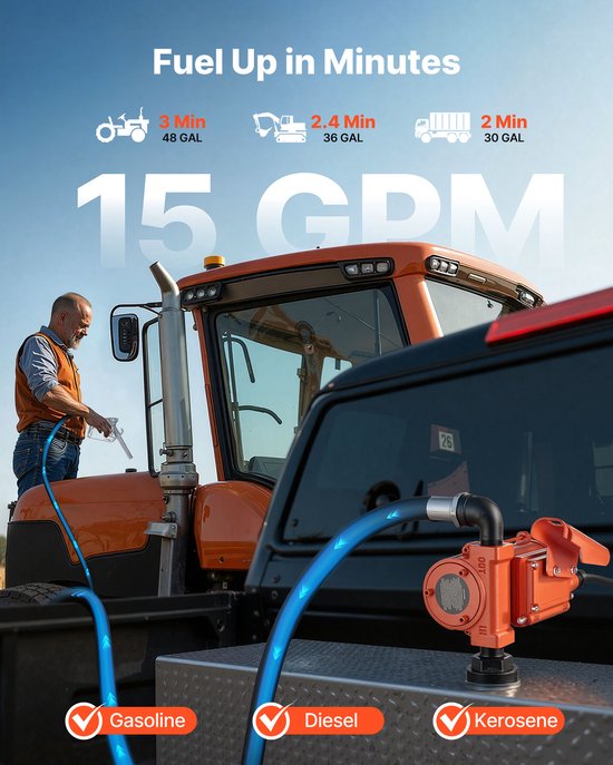 12V DC Brandstofpomp, 57 L/Min, Robuuste Gietijzeren Dieselpompset met Handmatige Sproeier, Toevoerslang, Oververhittingsbeveiliging, Netsnoer en Explosieveilig Ontwerp, Geschikt voor Benzine, Diesel en Kerosine — afbeelding 4