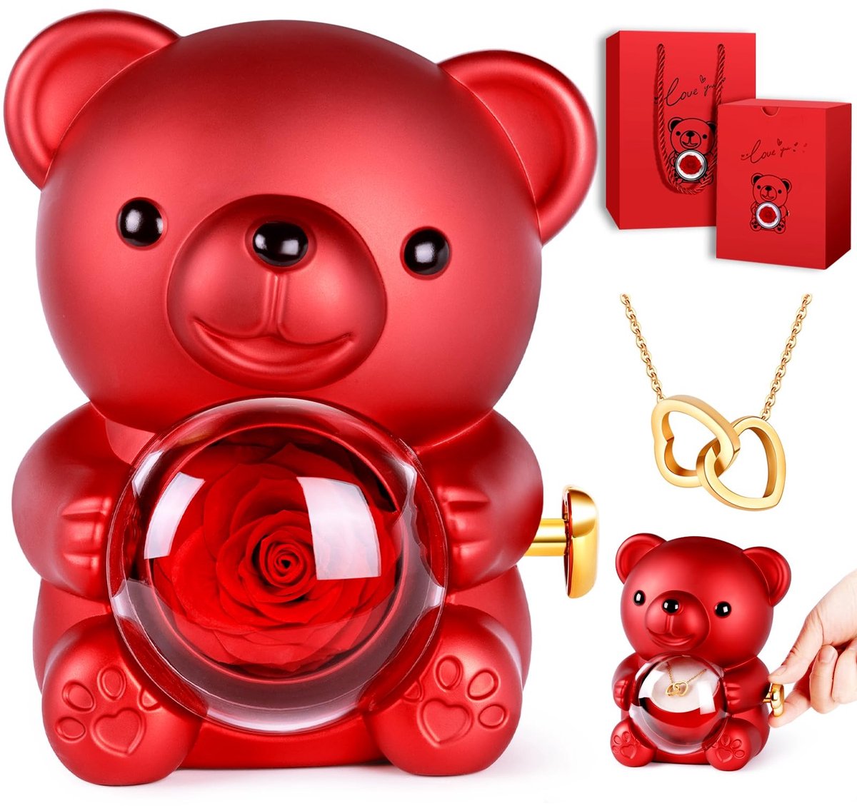 Dailygoods- Eeuwige Roos - Geschenkdoos met Rozen Beer - Echt Cadeau voor Dames - Valentijnsdag - Moederdag - 360° Draaibare Liefdesknop - Rozenbeer