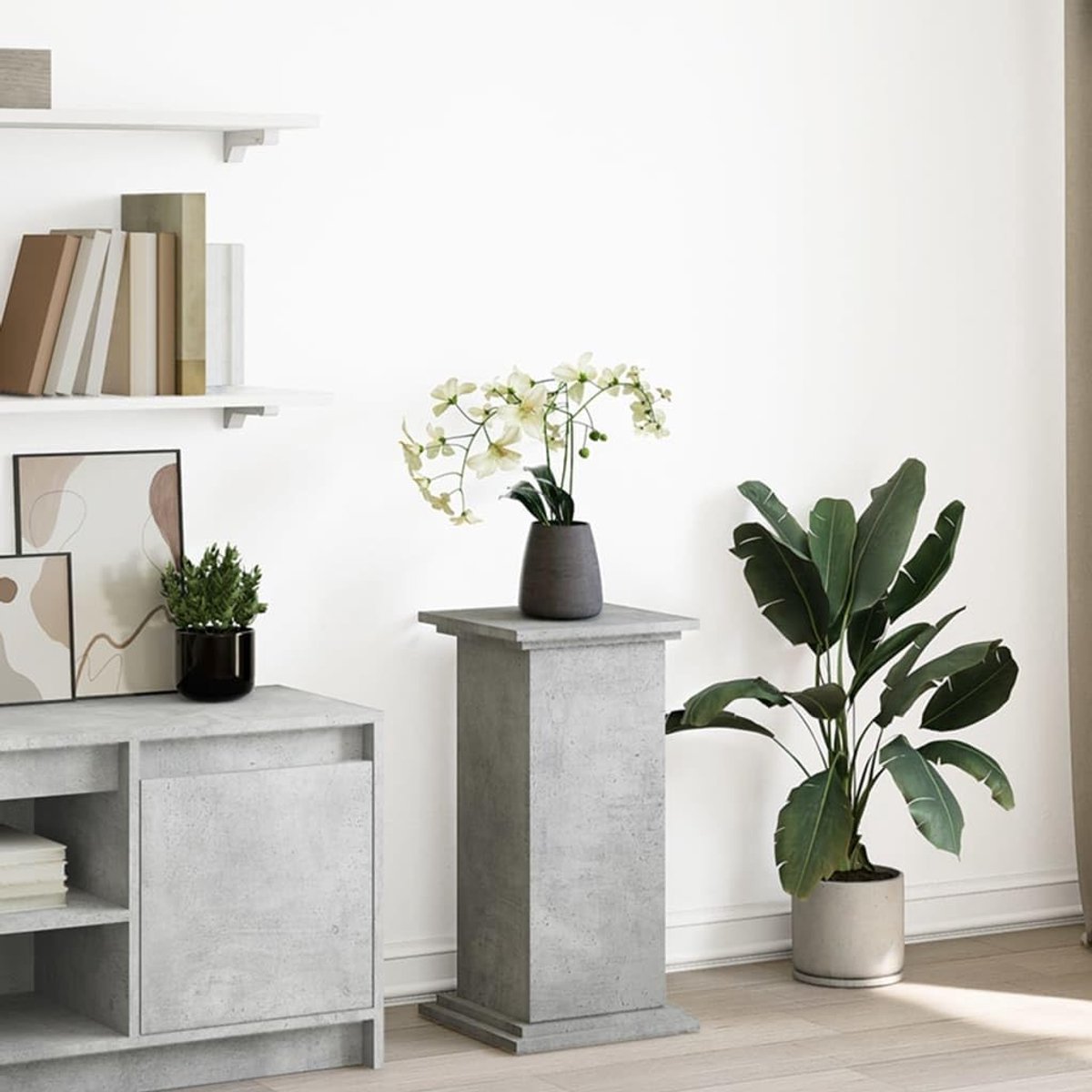 Plantenstandaard met Opslag - Bloemenstandaard Display - Tuinieren en Decoratie - Engineered Hout Constructie - 31x30x60 cm - Beton Grijs