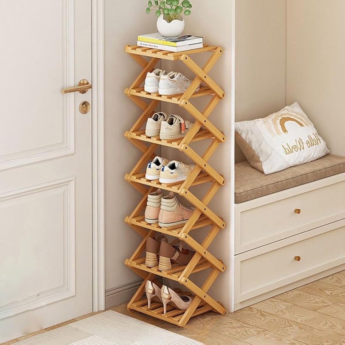 Dailygoods- Schoenenrek Bamboe - Opvouwbaar - Klein - Houten - Draagbaar - 8 Lagen - Schoenenopberger