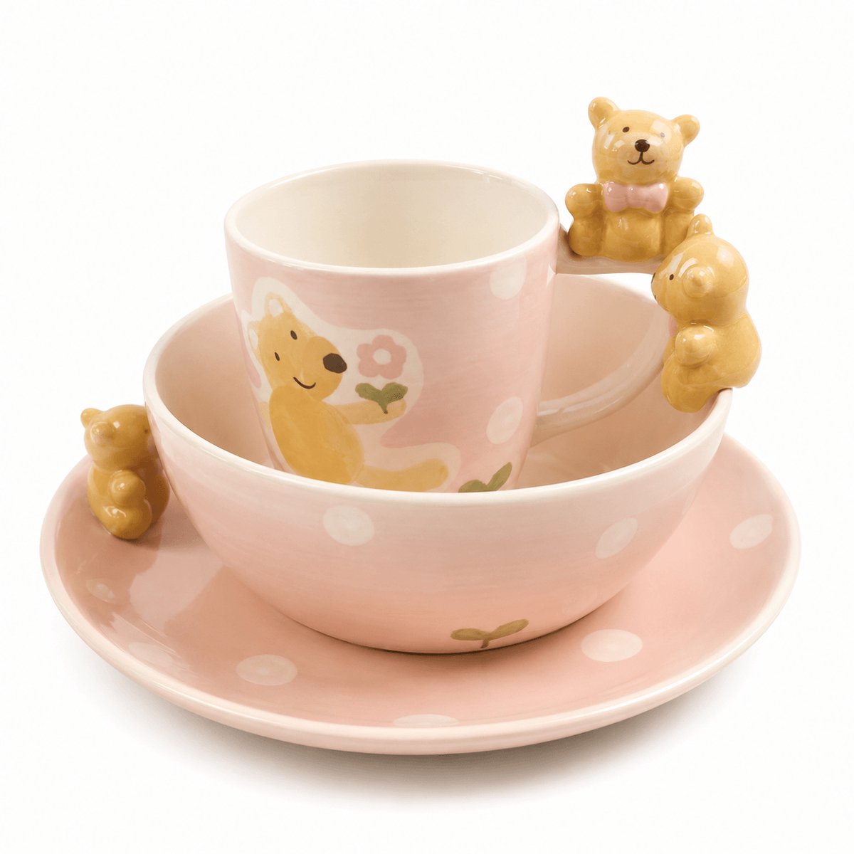 Kinder servies set keramiek - Kinder bord - kinderserviesset - kinderservies set handgemaakt - handbeschilderd - 3-delig - bord & kom & beker - roze