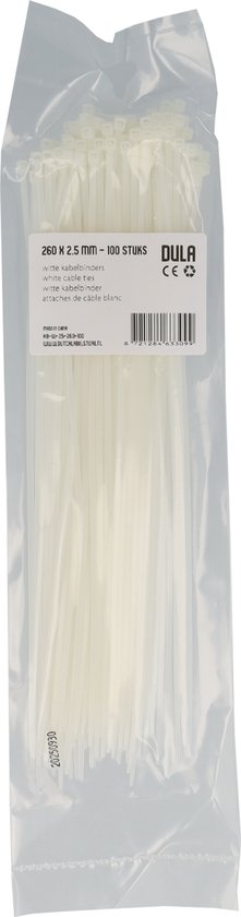 Verpakking met 100 witte kabelbinders van 260 x 2,5 mm.