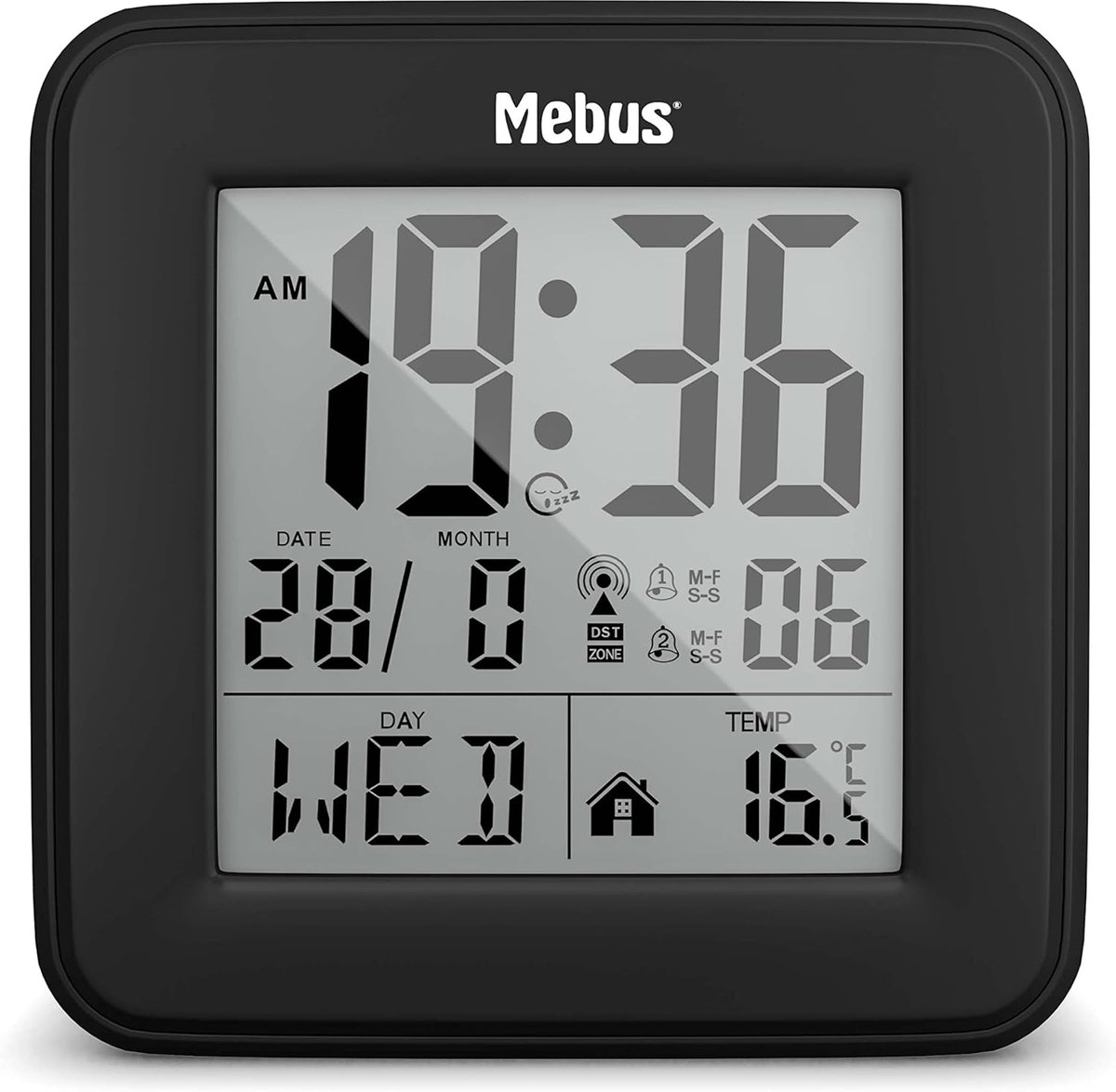 Digitale Wekker - Radiografische Klok - Automatisch Tijdsinstellen - Met Binnenthermometer - 82 x 35 x 82 cm - Zwart