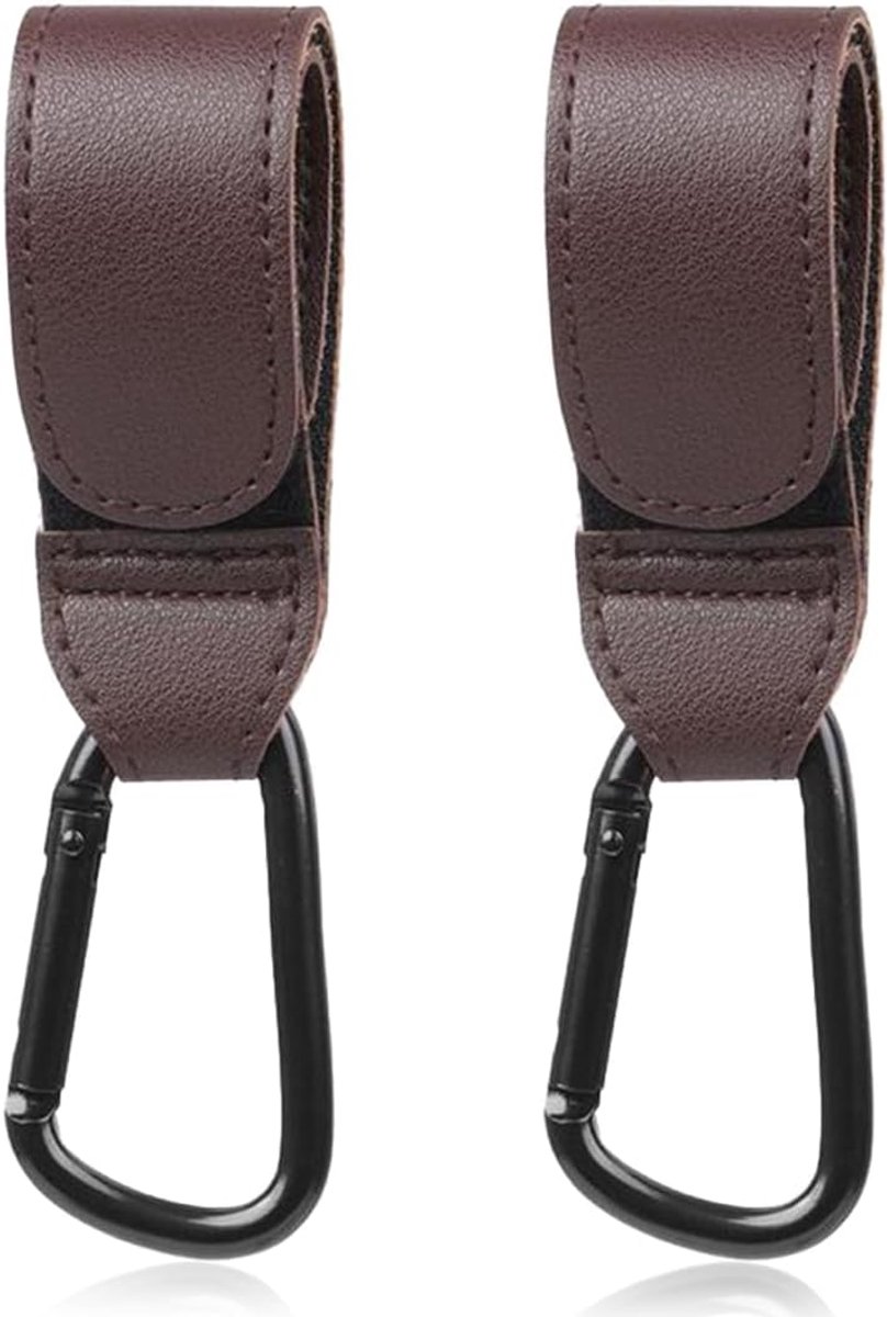 Haken Kinderwagen - Tashouders Set - Handen Vrij - Verstelbare Klittenband - 2 Stuks - Roodbruin
