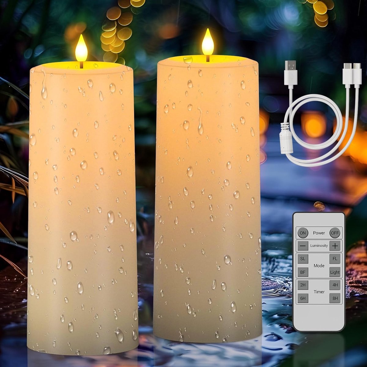 Oplaadbare Kaarsen - Elektrische Vlamloze Kaarsen - Sfeerverlichting Buiten - Zonne- en USB Oplaadbaar - 2 stuks 10x25cm - Wit