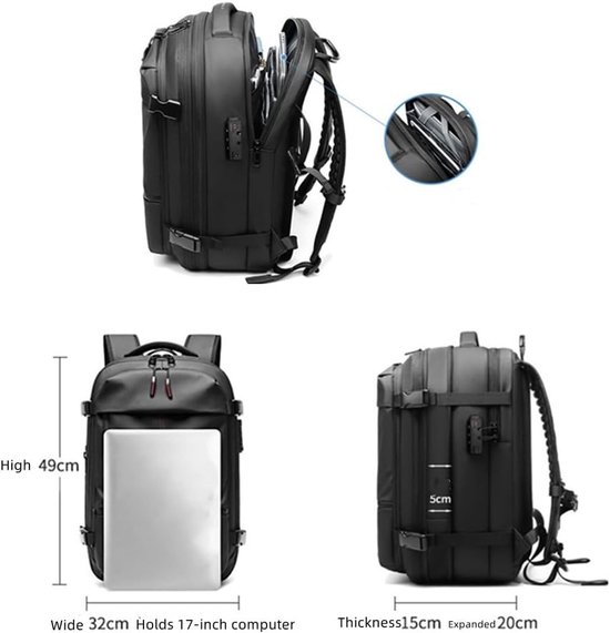 Grote Capaciteit Rugzak - Reis Rugzak - Multifunctioneel Gebruik - Waterdicht Anti-diefstal - 60L Compressie - Zwart Grijs — afbeelding 3