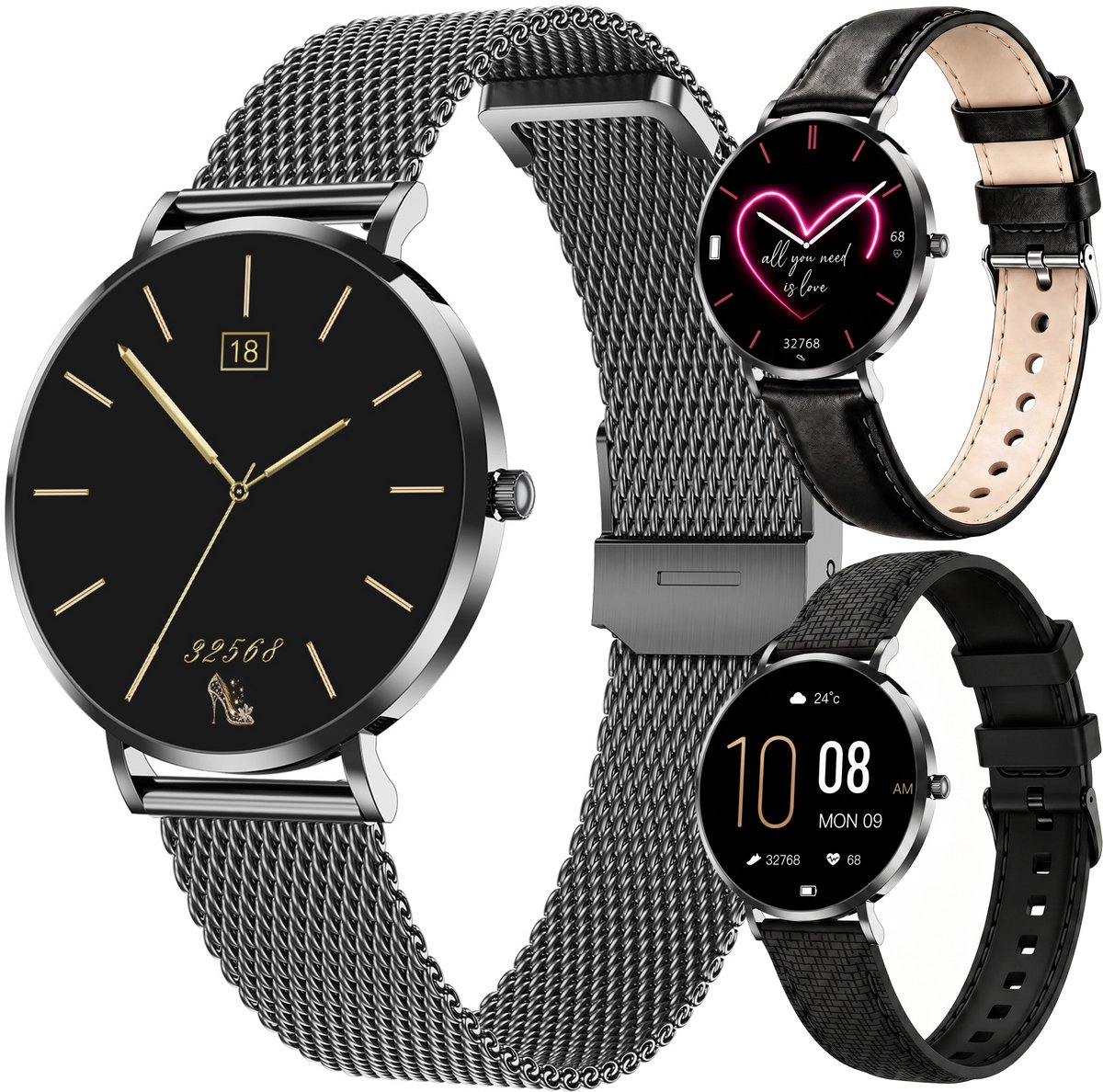 Synyq Liva AMOLED Smartwatch Dames – 40mm – 3 Bandjes - Horloge Dames – Stappenteller - Sporthorloge Dames - Hartslagmeter - Bloeddrukmeter - Slaapmonitor - Geschikt voor iOS/Android - Black