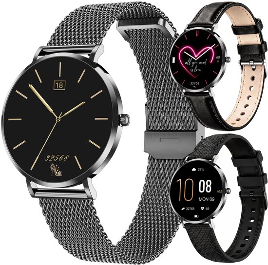 Drie dames smartwatches: één met zwarte Milanese band, één met zwart leren band en hart symbool, één met zwart gevlochten band en tijdsweergave.
