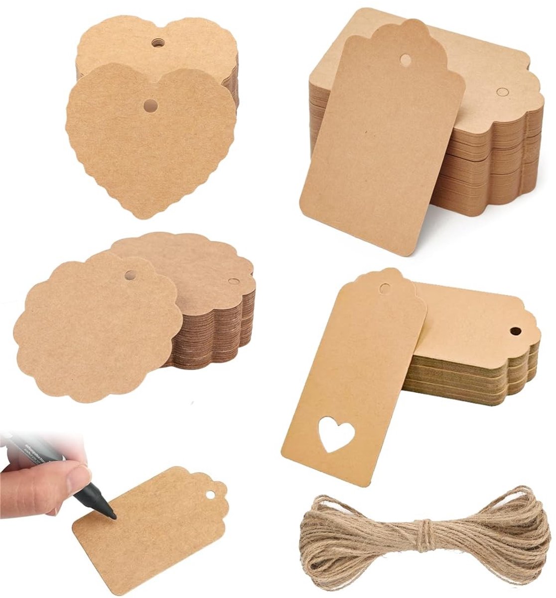 Dailygoods- Prijskaartjes 120 stuks - Kraftpapieren Etiketten - Kartonnen Etiketten - Jute Koord 30 m - Gastgeschenken - Geschikt voor Kunsthandwerk