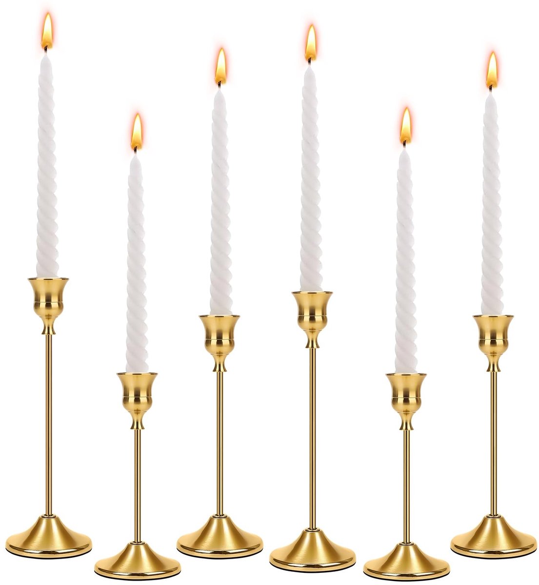 Dailygoods- Kandelaars Goud - Set van 6 - Staafkaarsenhouders in 3 Hoogtes - Vintage Design - Roestvrij en Demonteerbaar - Woonaccessoires voor Feesten - Kaarsenstandaard