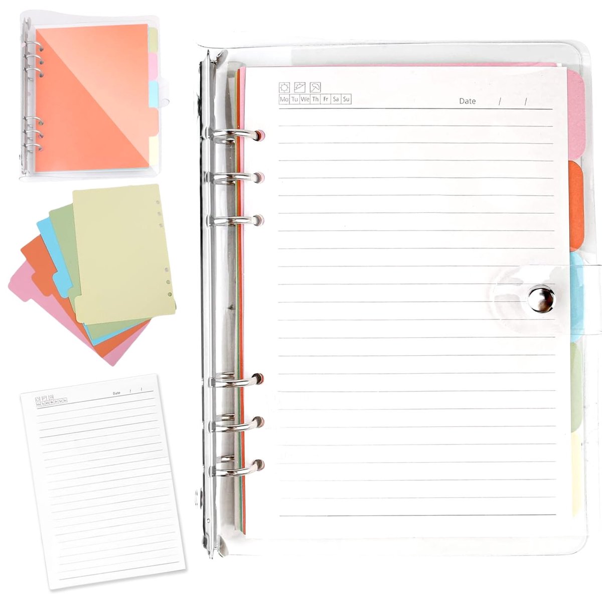 Dailygoods - Notitieboek ringbandje: transparante ringband, zacht pvc notitieboek, 6 ronde, navulbaar, ringband, dagboek met A5-vulpapier, ringband met verdeler, voor kantoor, school, dagboek