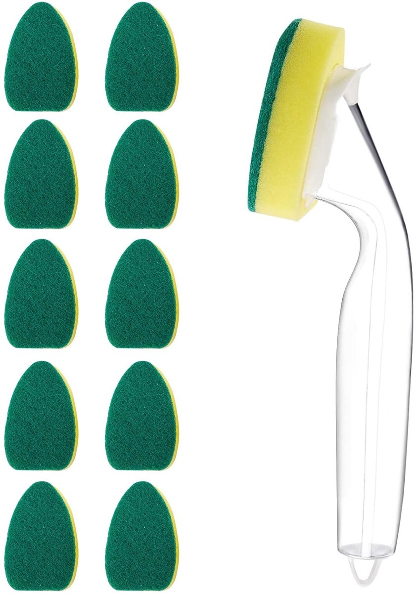 Dailygoods- Afwasspons met afwasmiddeldispenser - Vaatwasstang - 10 Reservekoppen - Krasbestendig - Duurzaam - Handvat - Afwasborstel