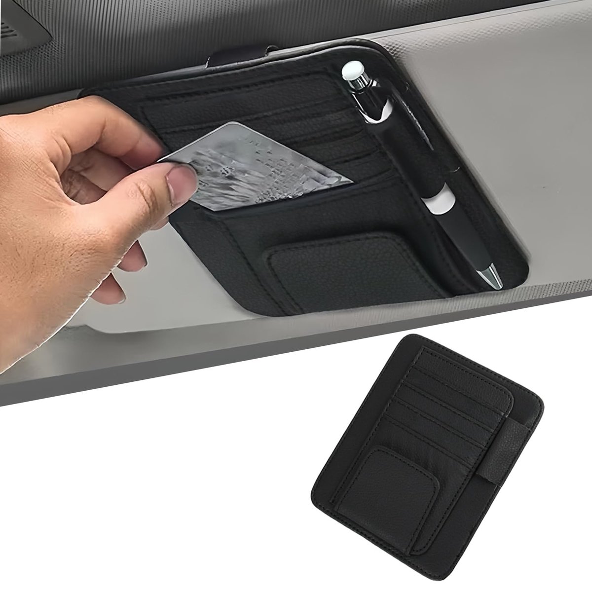 Dailygoods - Autozonneklep organizer, multifunctionele PU-lederen kaart & brilhouder clip, universele interieuraccessoires met opbergvak voor zonnebril, pennen, tickets, zwart