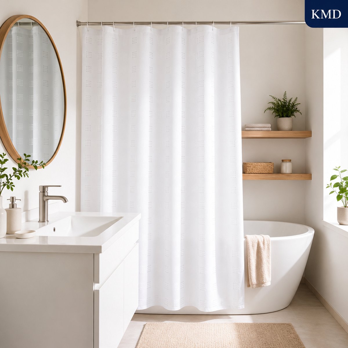KMD Douchegordijn Kort Model 180x170 cm Wit - Schimmelbestendig Polyester Met Metalen Ringen
