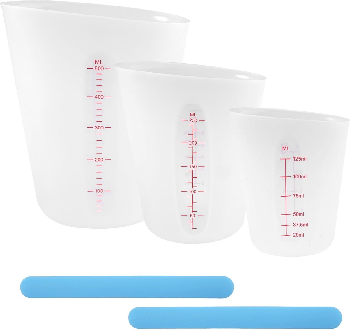 Dailygoods- Maatbekers Set van 3 - Siliconen Maatbeker 500 ml - Maatbeker 250 ml - Maatbeker 150 ml - Lichtgewicht - Antislip Handvat - Meetbekers