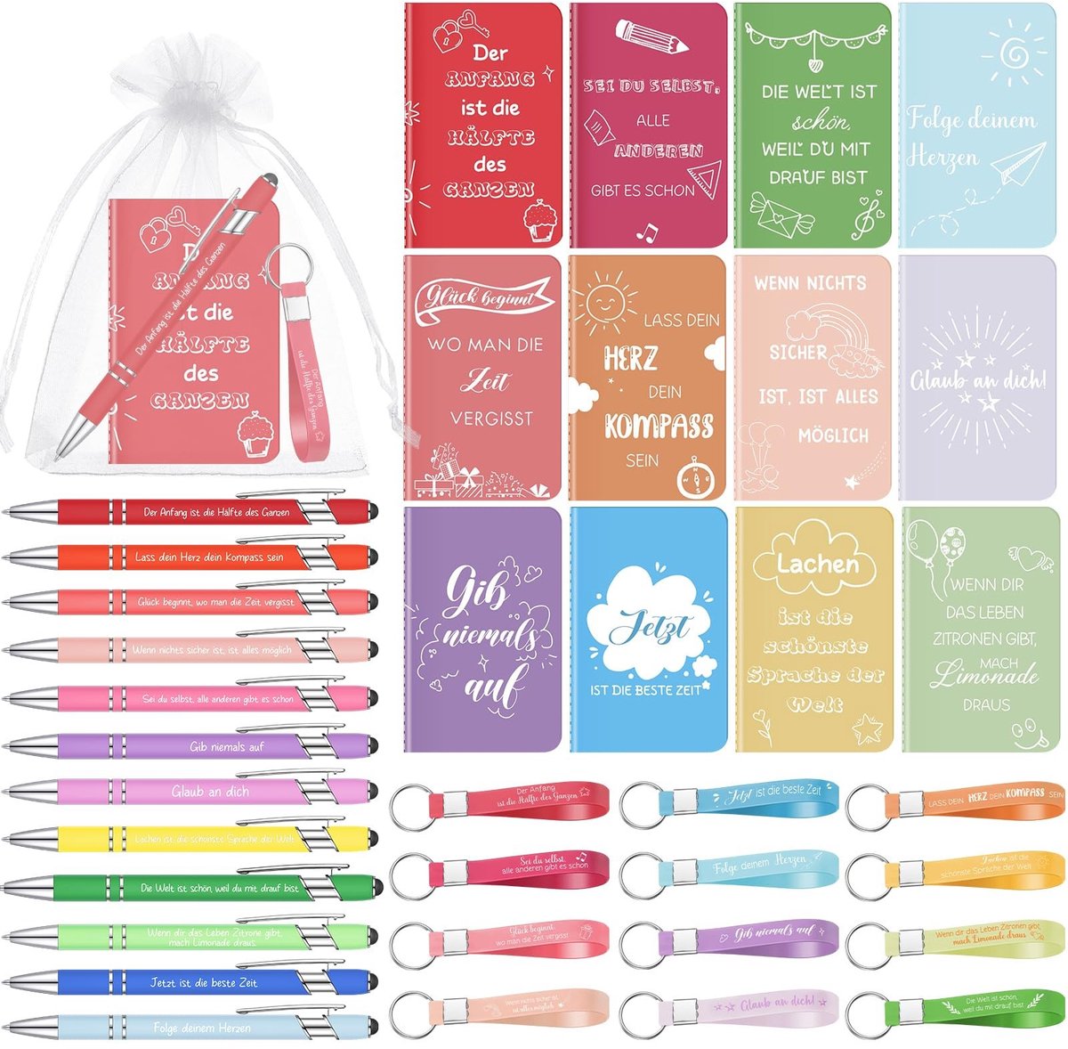 Dailygoods- Notitieblokken Set van 12 - Motivatiebalpen - Inspirerende Sleutelhangers - Cadeauset voor Collega's - Bedankje - Organza Zakjes