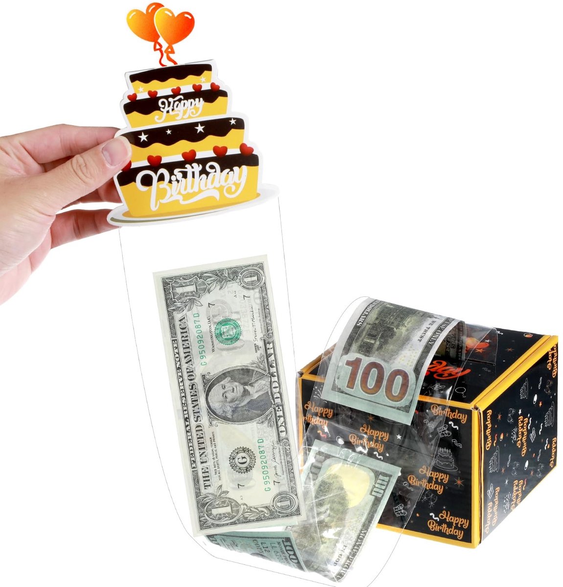 Dailygoods - Verjaardagsspaarpot voor contant geld, cadeauverpakking, verrassingsgeldrol geschenkdoos met uittrekkaart en geldhouder, een leuke manier om contant geld te cadeau te geven aan ouders, geliefden,