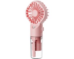Draagbare mistventilator, mini en compact, oplaadbaar, met 4 windsnelheden en een waternevelfunctie, ideaal voor reizen, kamperen, buitenactiviteiten en woon-werkverkeer. Roze.