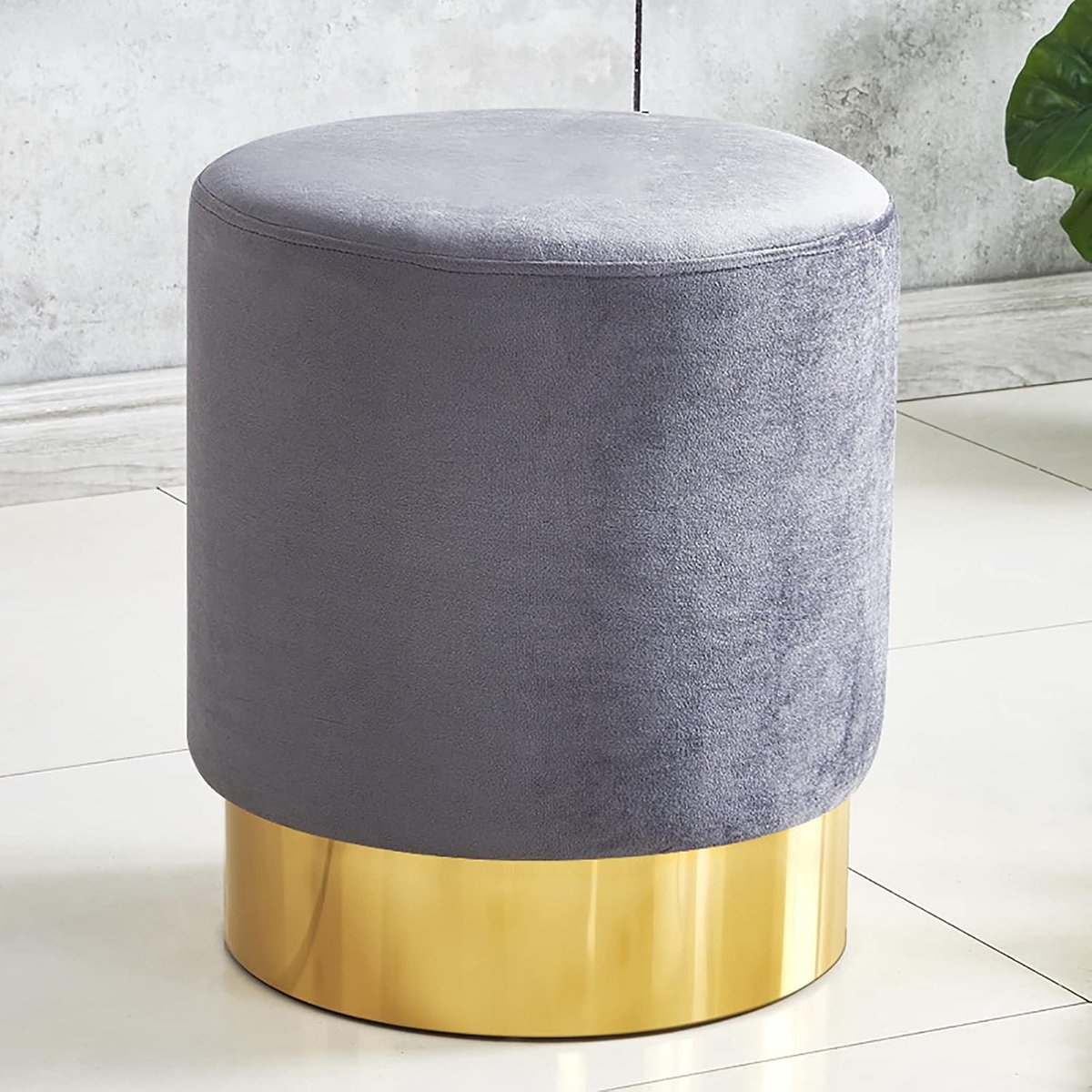 Ronde voetenbank - Gestoffeerde kruk - Ontspannen zitten - Gouden metalen poot - 35x35x43cm - Fluweel