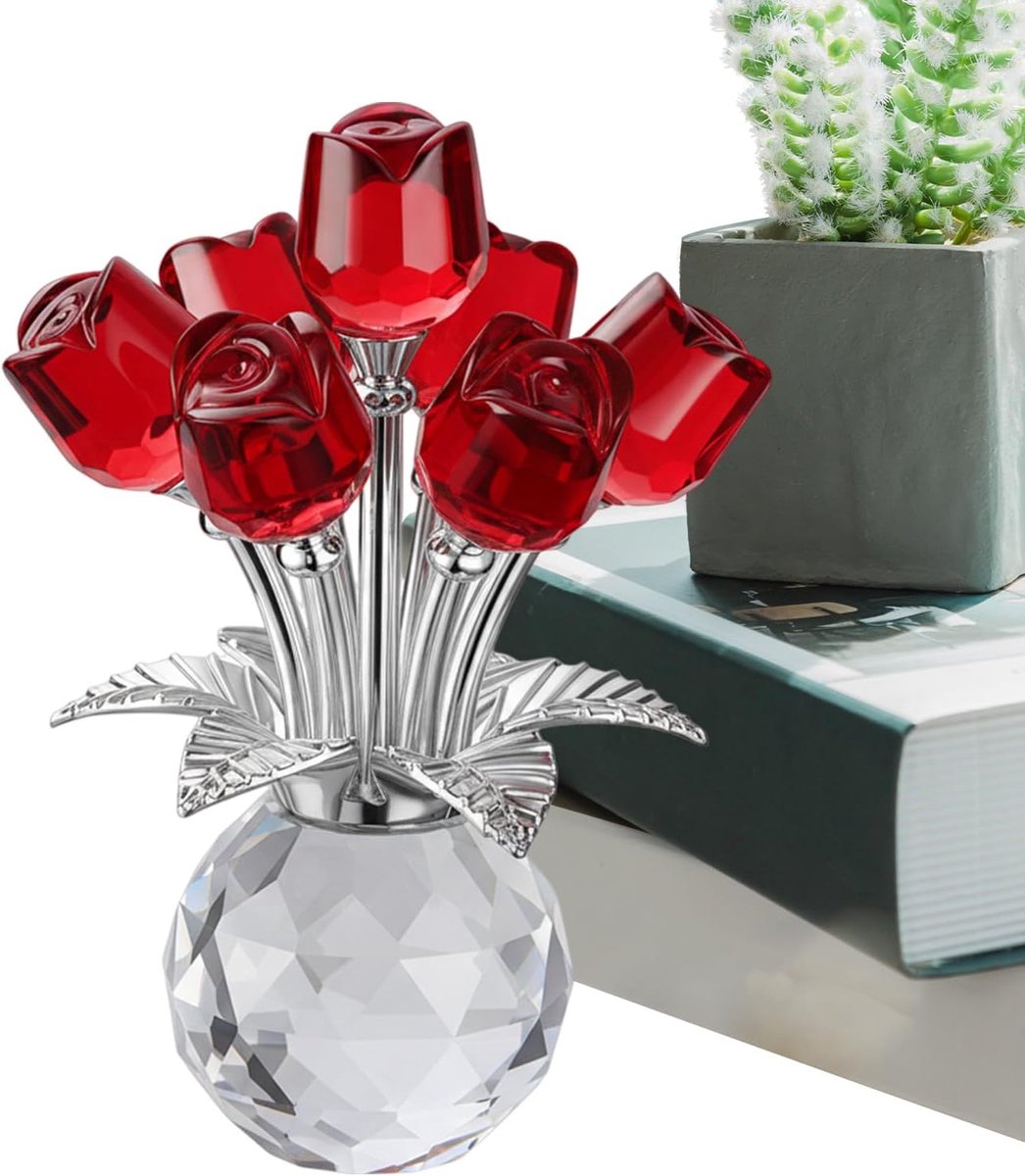 Kristallen Roos Figuur - Glazen Bloemen - Romantisch Cadeau - Levensachtig Design - 9x9x9 Centimeter - Rood