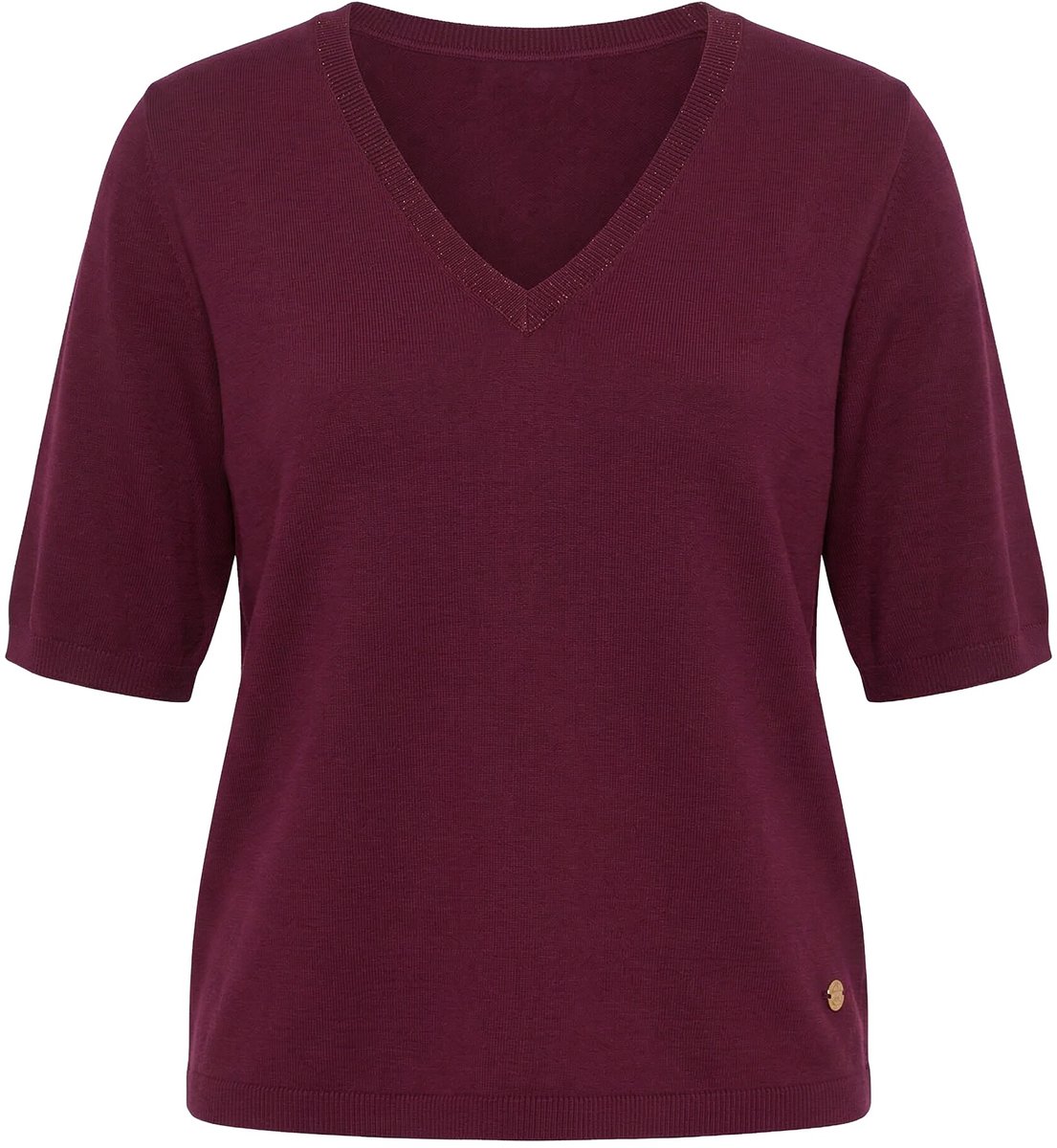 Ulla Popken - Dames - Trui elastische zoom V-hals korte mouw glitter - Wijnrood - Maat 54+