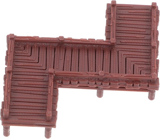 Bovenaanzicht van een bruine, L-vormige miniatuur loopbrug met een houten plankpatroon.
