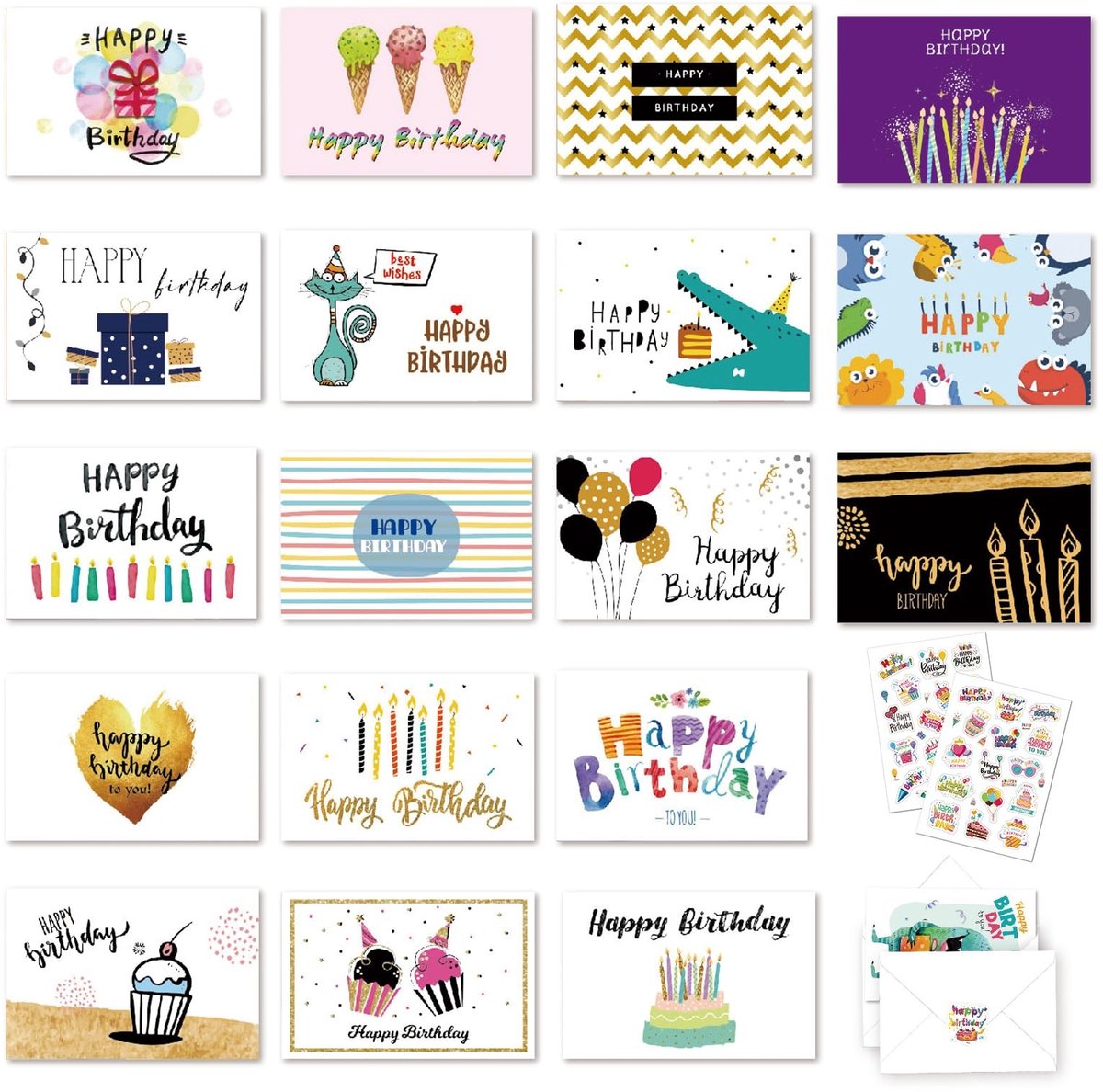 Dailygoods- Verjaardagskaarten set van 18 - Wenskaarten met envelop - Premium vouwkaarten - Happy Birthday kaarten - Unieke ontwerpen - Inclusief stickers