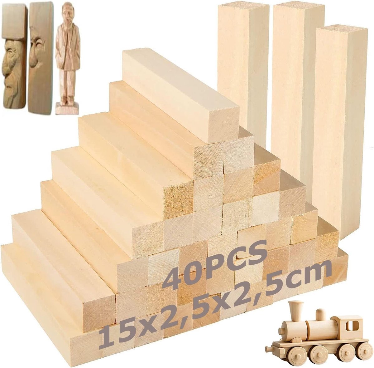 Dailygoods- Snijblokken 40 Stuks - Lindehout 15 x 2,5 x 2,5 cm - Onvoltooide Houtblokken - Houtsnijwerk - Ambachten - Geschikt voor Kinderspellen - Houtsnijmateriaal