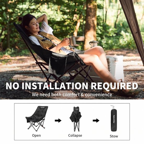 NordHaus Campingstoel - Maanstoel - Opvouwbare Loungestoel - Verstelbare Hoge Rugleuning - Inclusief Draagtas en Bekerhouder - Zwart - 51 x 62,5 x 90 cm — afbeelding 2