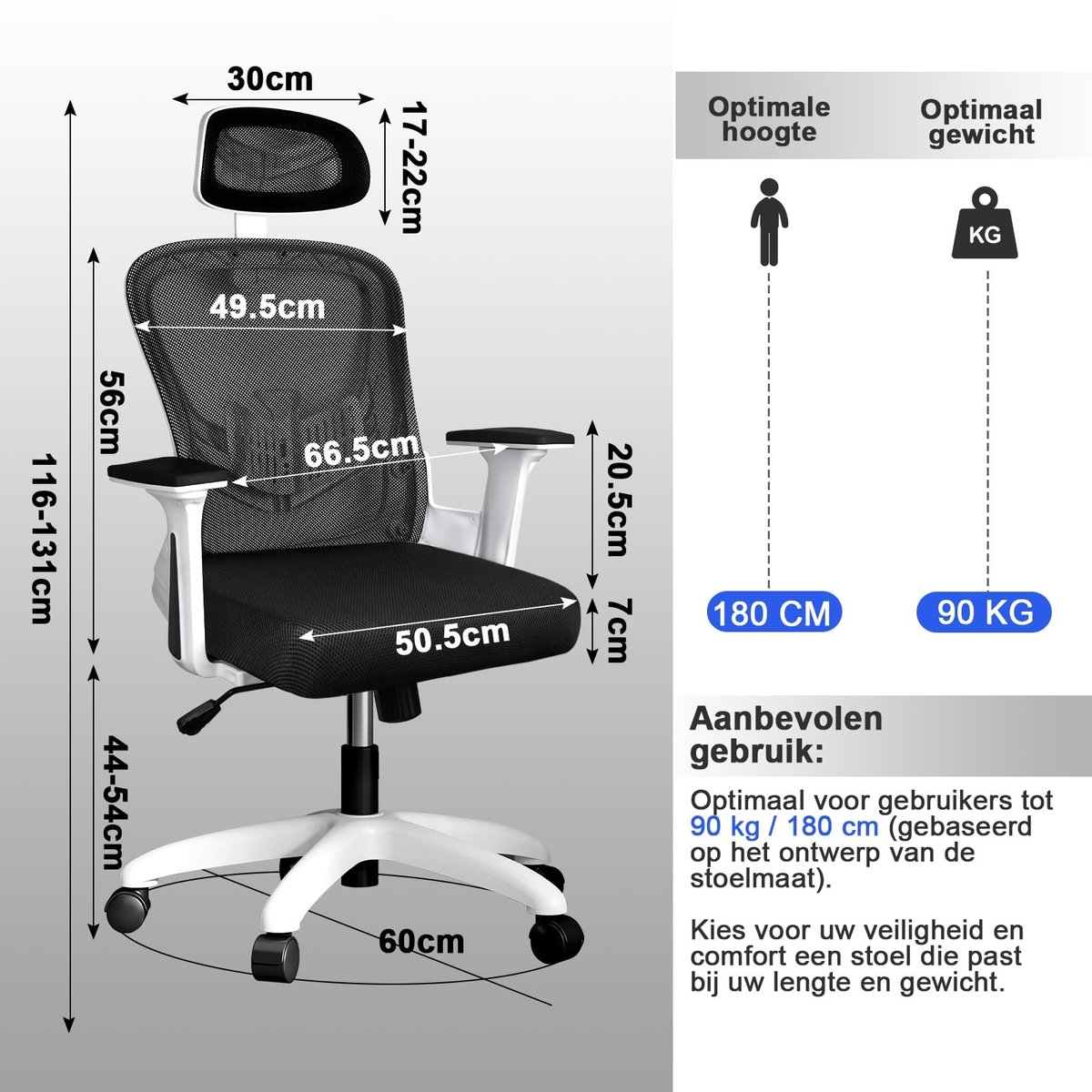 Dailygoods- Bureaustoel Ergonomisch - Verstelbare Armsteun - Lendensteun - Hoofdsteun - Ademend Mesh - Voor Thuiswerk - Werkstoel – foto 5