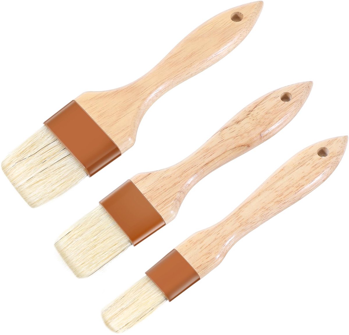 Dailygoods- Bakkwasten 3 Stuks - Houten Handvatten - Natuurlijke Varkensharen - BBQ-Borstel - Kookkwast - Bestand Tegen Hoge Temperaturen - Kookborstel