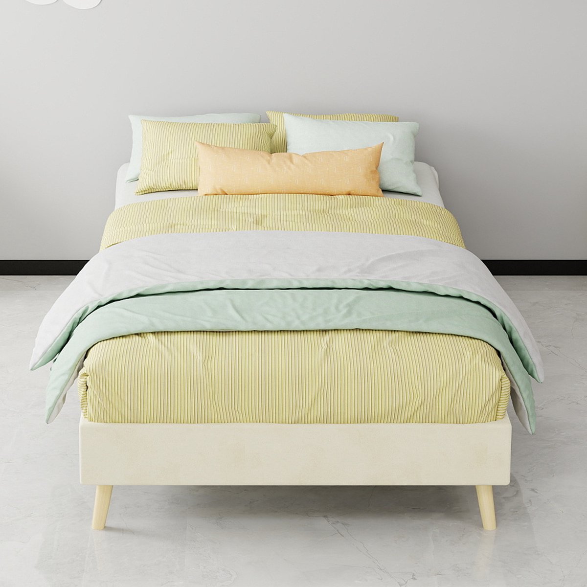 MEUNIQ Bedframe 90x200 cm eenpersoonsbed met lage basis, stoffen bekleding en metalen lattenbodem, modern bed voor slaapkamer, beige