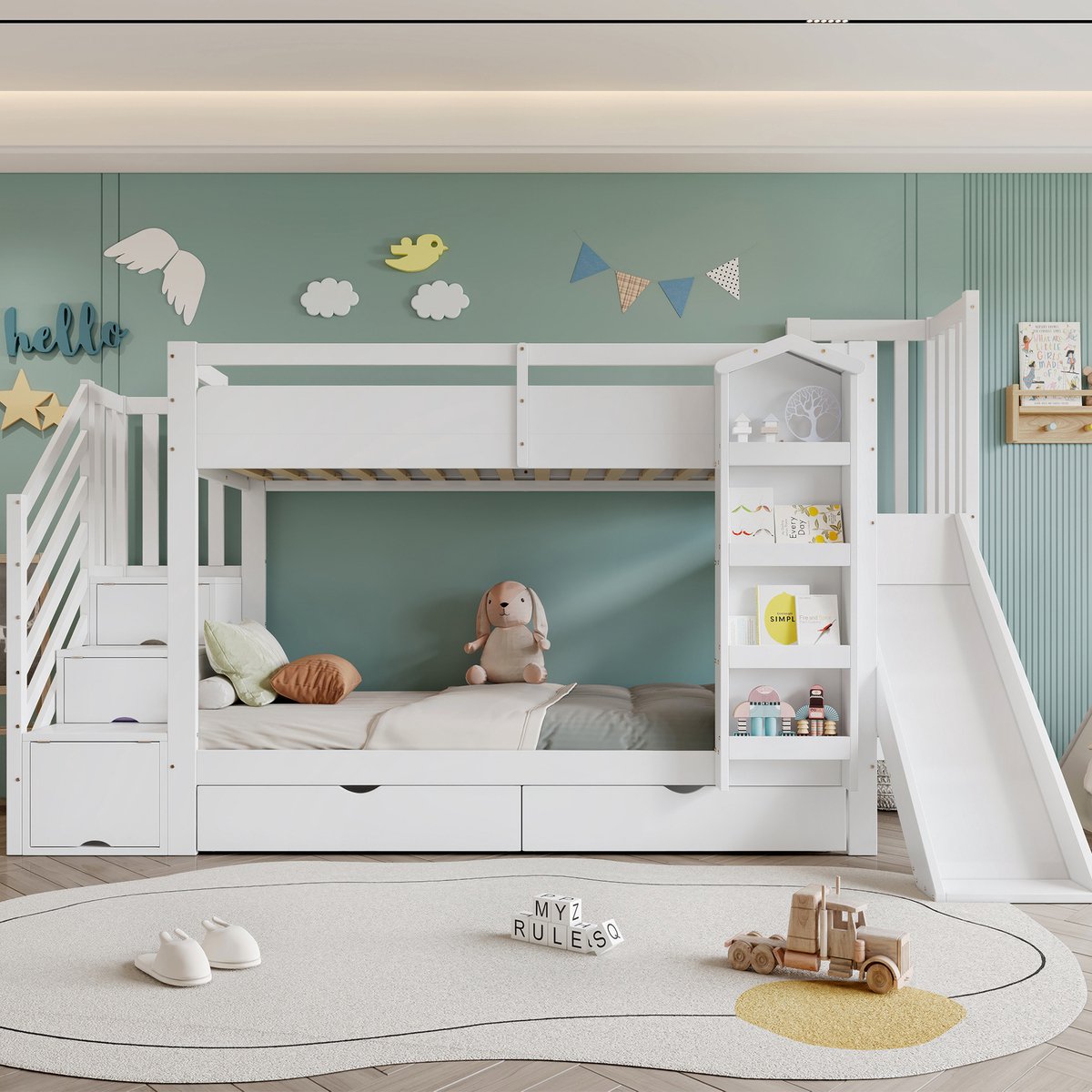 MEUNIQ stapelbed 90x200 cm met glijbaan, 3-treden trapkast, boekenrek en 2 lades op wielen, kinderbed met lattenbodem voor kinderkamer, wit
