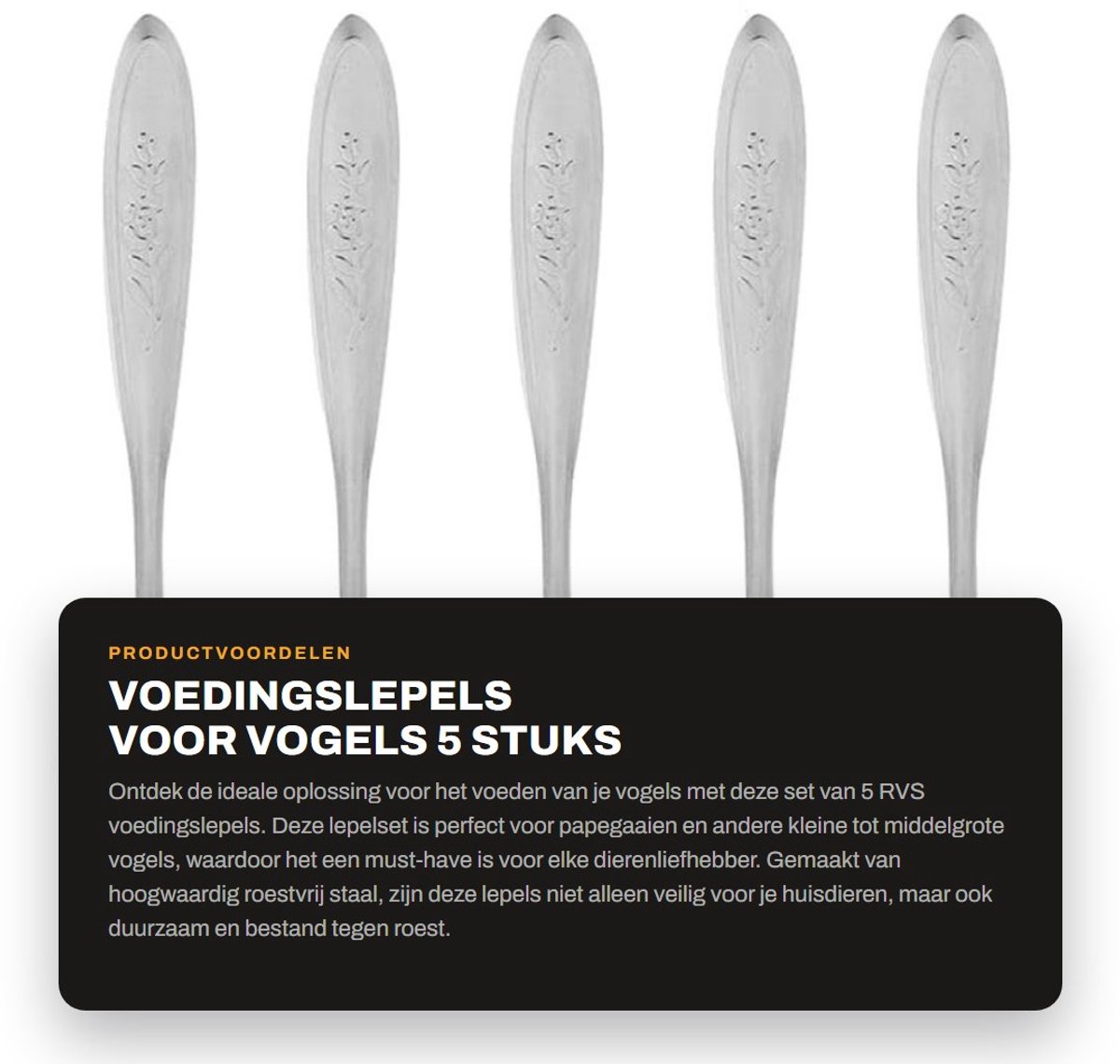 Dailygoods- Lepels Set van 5 - Roestvrij Staal - Duurzaam - Lichtgewicht - Geschikt voor Papegaaien - Afmetingen 12,3 x 2,4 cm - Voedingslepels