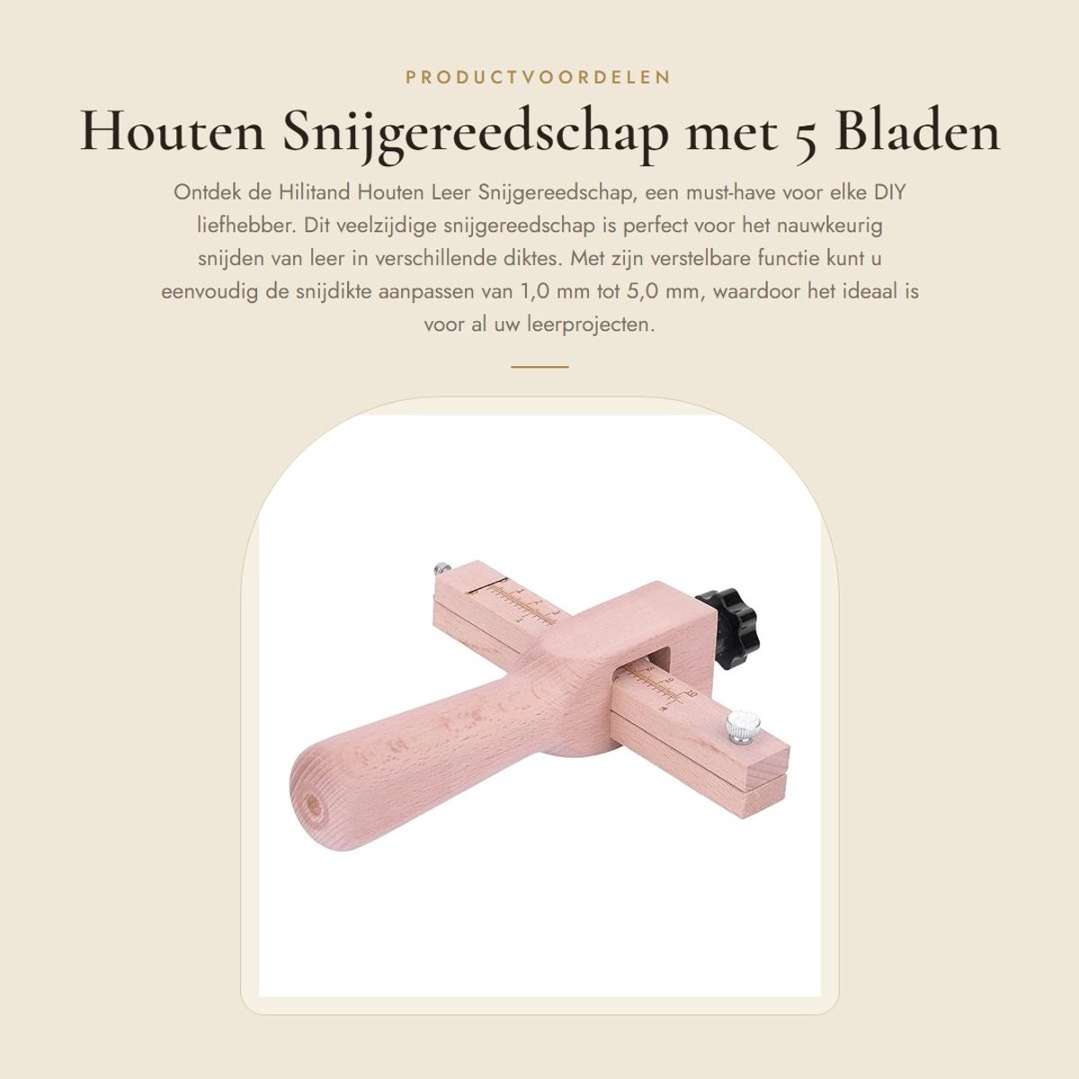 Dailygoods- Lederen Snijder - Verstelbare Houten Snijder - 5 Bladen - Snijbreedte 1.0-5.0mm - DIY Leerbewerking - Roestvrij Stalen Onderdeel - Riemsnijder