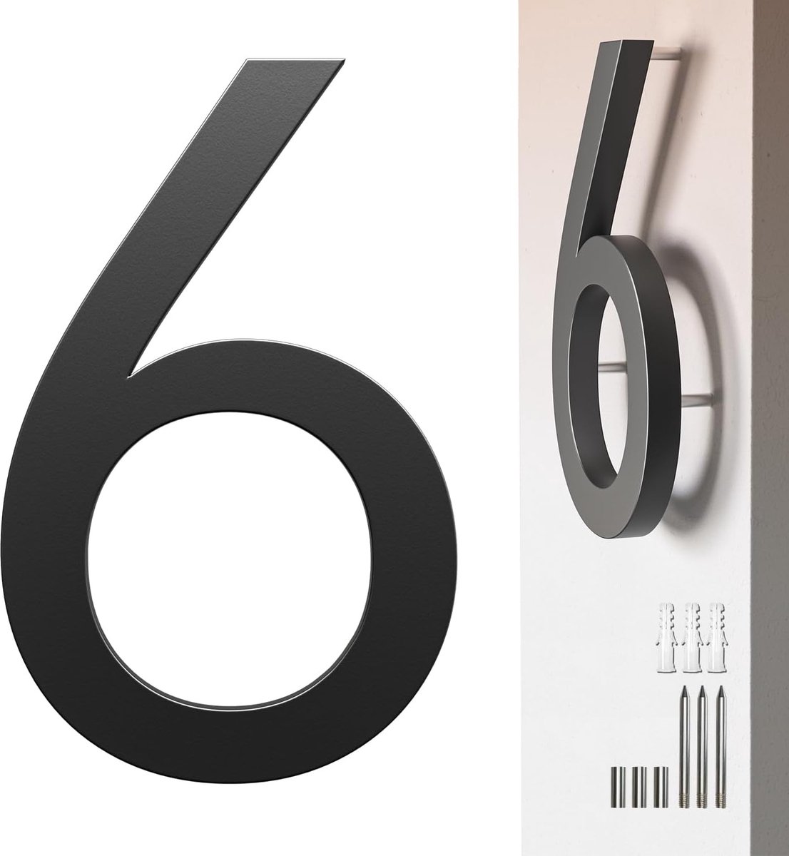 Huisnummer 6 - Adrescijfer - Huis Decoratie - Drijvend 3D Effect - 7 Inch Hoog - Mat Zwart