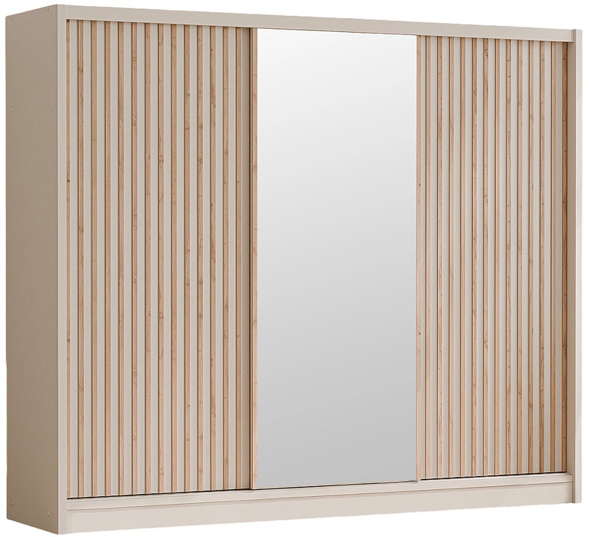 Vente-unique Kledingkast 3 schuifdeuren - Met spiegel - B250 cm - Kleur: Beige en naturel - CALOWI Beige, Natuurlijk licht