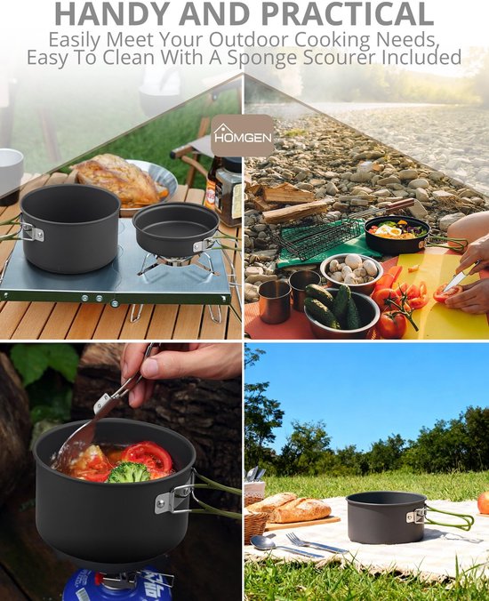 Dailygoods- Kookset Lichtgewicht - Camping Kookgerei Set - Camping Potten/Pannen Set - Draagbare Kookset - Koken voor 2-3 Personen - Aluminium Kookgerei — afbeelding 5