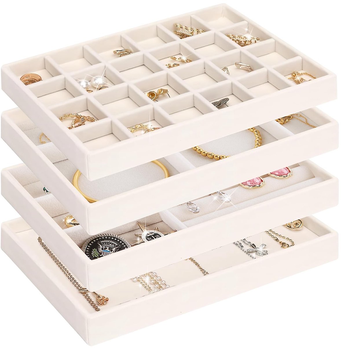Dailygoods - Sieradenopslag lade sieradendienbladen sieraden organiseren sieraden organisatoren laden voor sieraden lade-inzet opberg organisatiesysteem oorbellen armband ringen 4 stuks (beige)