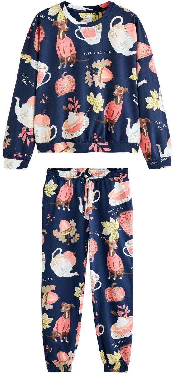 Next Dames - Pyjama van 100% katoen met lange mouwen - Tall - Blauw Navy Whippet Pumpkin