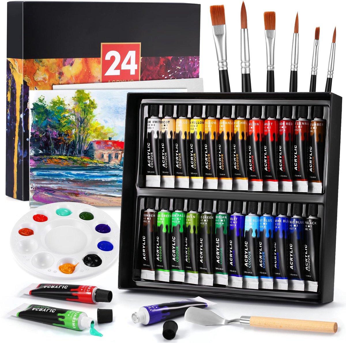 Dailygoods - 24 Kleuren Acrylverfset met Penselen en Doeken - Voor Kunstenaars en Beginners