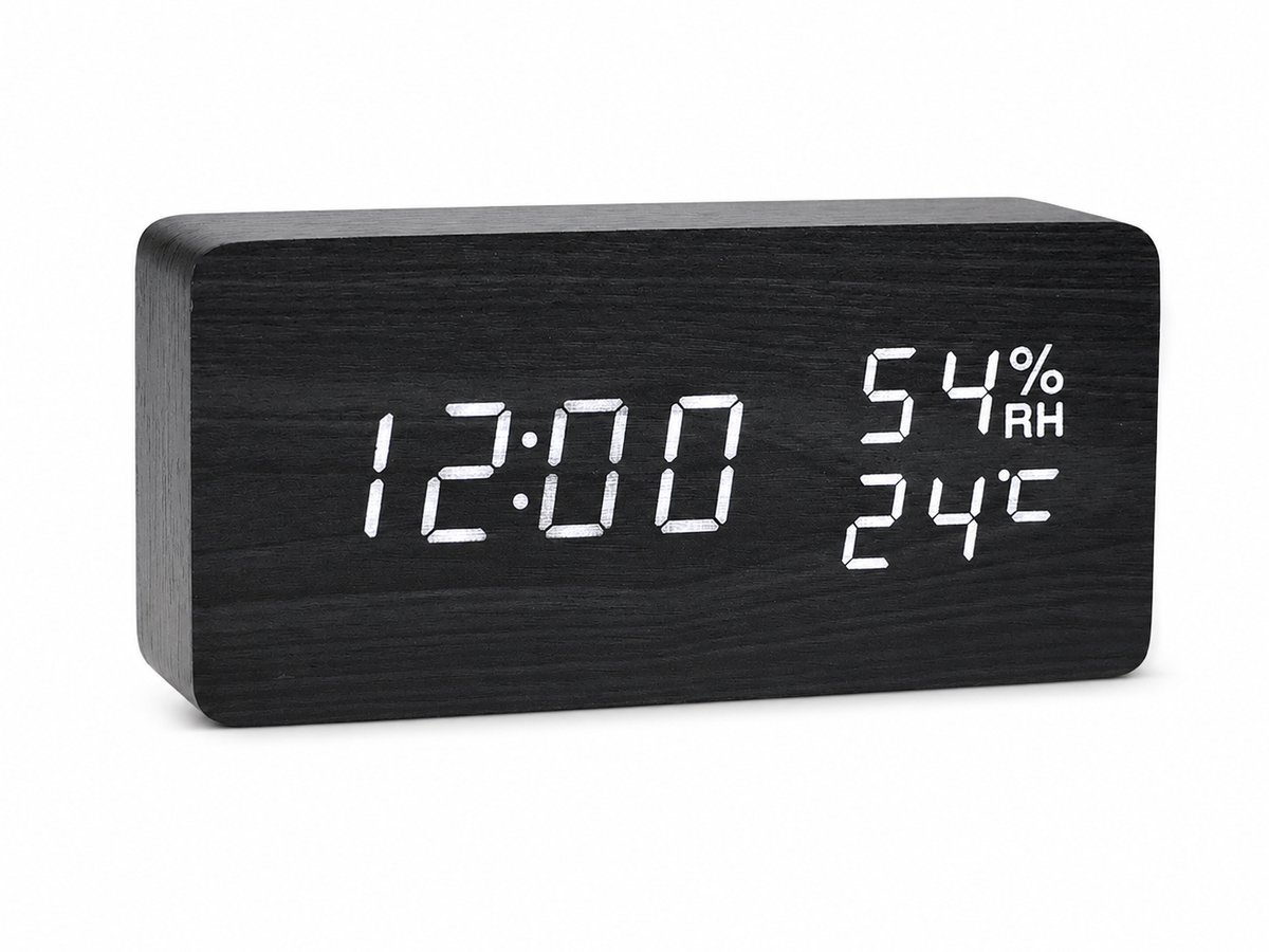 TIN-IN Digitale klok - Bureauklok - Wooden look - Zwart + Witte cijfers met Temperatuur- en Luchtvochtigheidsmeter