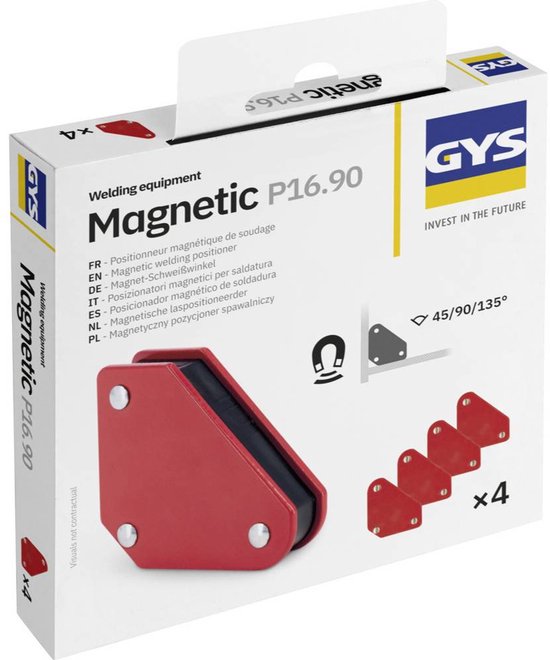 Verpakking met één GYS Magnetic P16.90 lasmagneet en drie losse magneten, met productinformatie.