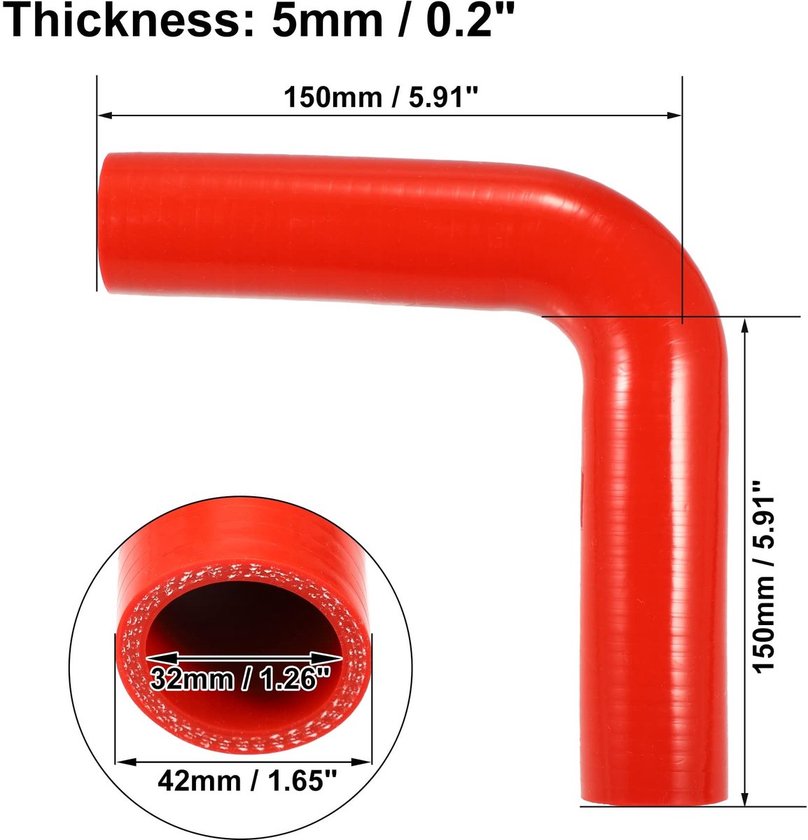 Dailygoods- Koppelstuk Universeel 32mm - Silicone Slang - 90 Graden Bocht - Rood - Dikte 5mm - Lengte 150mm - Geschikt voor motorkoelsysteem - Siliconenslang