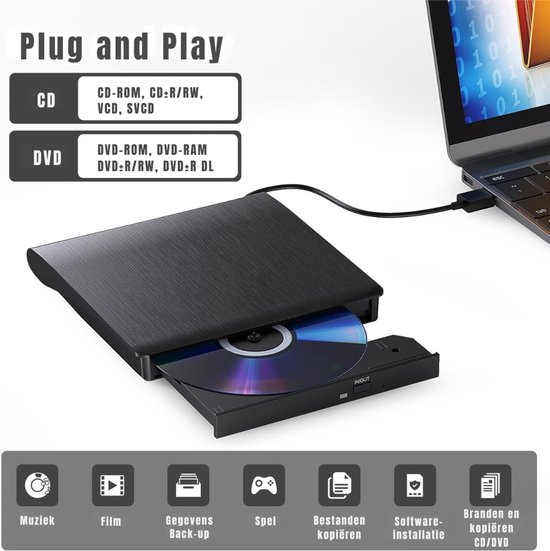 KAD® DVD Speler - USB 3.0 en Type-C - DVD Speler Laptop - DVD Brander - Zwart - 30cm x 30cm x 30cm — afbeelding 3